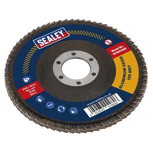 Sealey - FD100120E Ø100mm Aluminium Oxide Flap Disc Ø16mm Bore 120Grit Power Tool Accessories Sealey - Sparks Warehouse