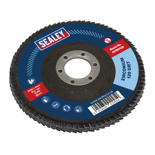 Sealey - FD100120 Ø100mm Zirconium Flap Disc Ø16mm Bore 120Grit Power Tool Accessories Sealey - Sparks Warehouse