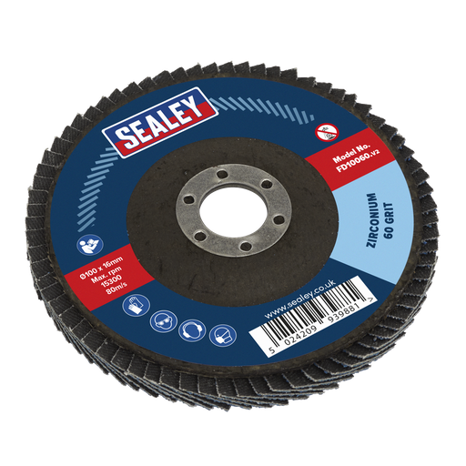 Sealey - FD10060 Flap Disc Zirconium Ø100mm 16mm Bore 60Grit Consumables Sealey - Sparks Warehouse