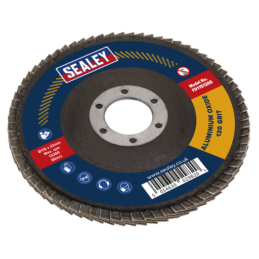 Sealey - FD115120E Ø115mm Aluminium Oxide Flap Disc Ø22mm Bore 120Grit Power Tool Accessories Sealey - Sparks Warehouse