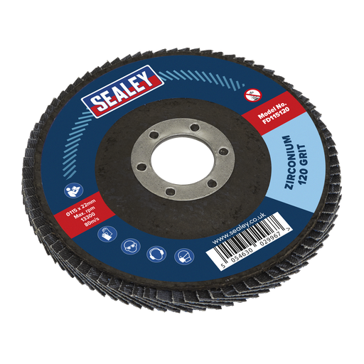 Sealey - FD115120 Ø115mm Zirconium Flap Disc Ø22mm Bore 120Grit Power Tool Accessories Sealey - Sparks Warehouse