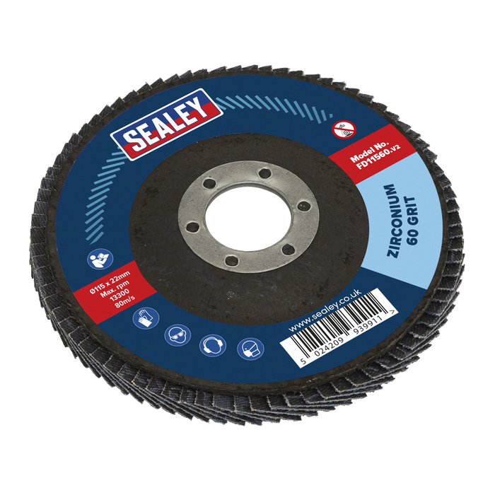 Sealey - FD11560 Flap Disc Zirconium Ø115mm 22mm Bore 60Grit Consumables Sealey - Sparks Warehouse