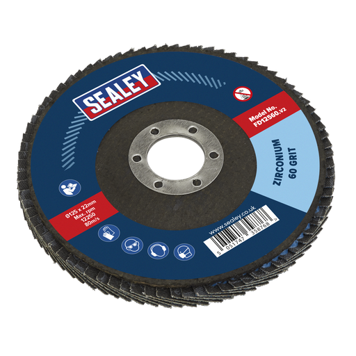 Sealey - FD12560 Flap Disc Zirconium Ø125mm 22mm Bore 60Grit Consumables Sealey - Sparks Warehouse