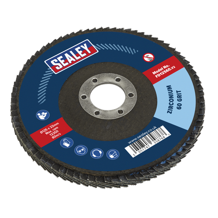 Sealey - FD12560 Flap Disc Zirconium Ø125mm 22mm Bore 60Grit Consumables Sealey - Sparks Warehouse