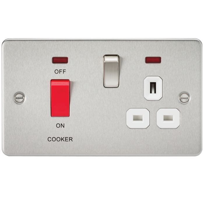 Knightsbridge FPR8333NBCW Flat Plate 45A DP Switch & 13A Switched Socket With Neons - Brushed Chrome With White Insert Double Pole Switch Knightsbridge - Sparks Warehouse
