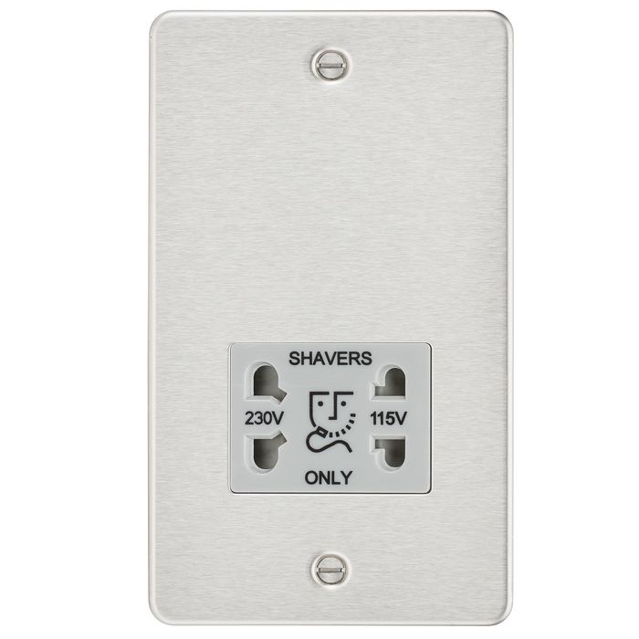 Knightsbridge FP8900BCG Flat Plate 115V/230V Dual VOLTAGE Shaver Socket - Brushed Chrome With Grey Insert Shaver Socket Knightsbridge - Sparks Warehouse