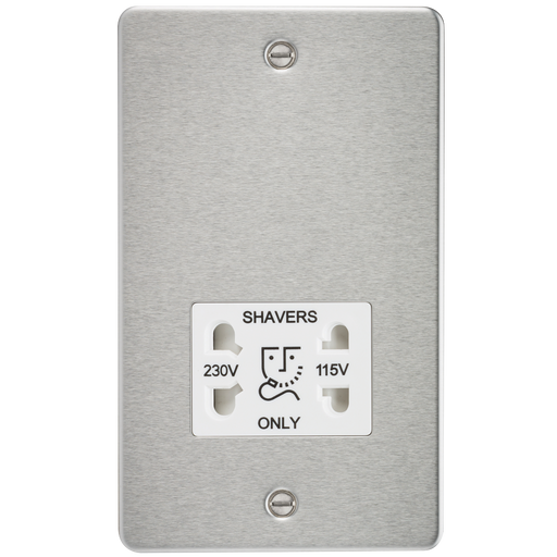 Knightsbridge FP8900BCW Flat Plate 115V/230V Dual VOLTAGE Shaver Socket - Brushed Chrome With White Insert Shaver Socket Knightsbridge - Sparks Warehouse