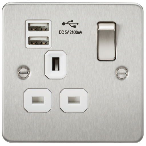 Knightsbridge FP9901BCW Flat Plate 13A 1G Switched Socket With Dual USB Charger - Brushed Chrome With White Insert Socket - With USB Knightsbridge - Sparks Warehouse