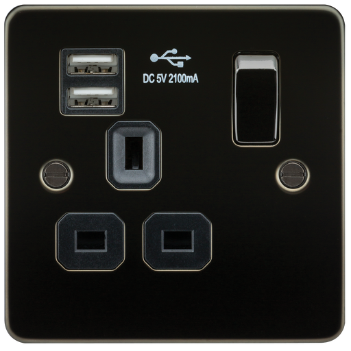 Knightsbridge FPR9901GM Flat Plate 13A 1G Switched Socket With Dual USB Charger - Gunmetal With Black Insert Socket - With USB Knightsbridge - Sparks Warehouse