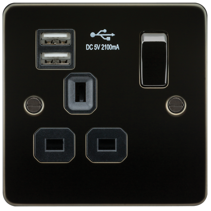 Knightsbridge FPR9901GM Flat Plate 13A 1G Switched Socket With Dual USB Charger - Gunmetal With Black Insert Socket - With USB Knightsbridge - Sparks Warehouse
