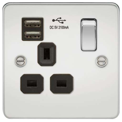 Knightsbridge FP9901PC Flat Plate 13A 1G Switched Socket With Dual USB Charger - Polished Chrome With Black Insert Socket - With USB Knightsbridge - Sparks Warehouse