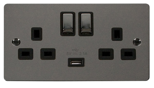 Scolmore FPBN570BK Define - Flat Plate Two Gang Plug Socket With USB - Black Nickel Define Scolmore - Sparks Warehouse