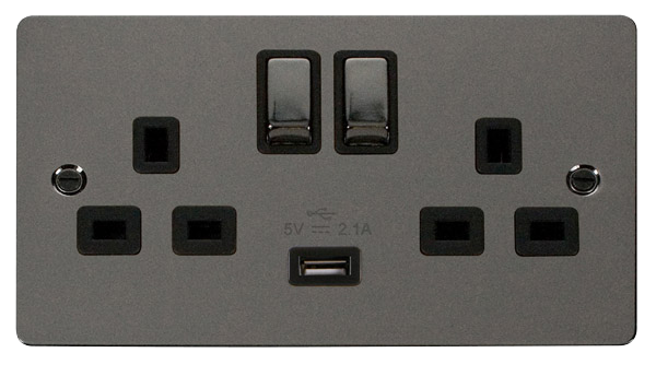 Scolmore FPBN570BK Define - Flat Plate Two Gang Plug Socket With USB - Black Nickel Define Scolmore - Sparks Warehouse