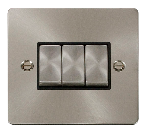 Scolmore FPBS413BK 3 Gang Brushed Steel 2 Way Ingot Light Switch - Black Inserts Define Scolmore - Sparks Warehouse