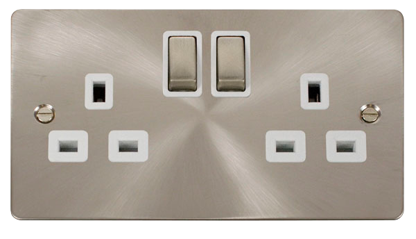 Scolmore FPBS536WH- Brushed Steel 2G Double Pole Switched Socket - White Insert Define Scolmore - Sparks Warehouse