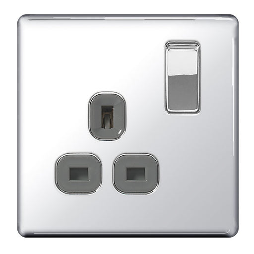BG FPC21G Screwless Flat Plate Polished Chrome 13A 1G DP Switched Socket Grey Inserts - BG - sparks-warehouse