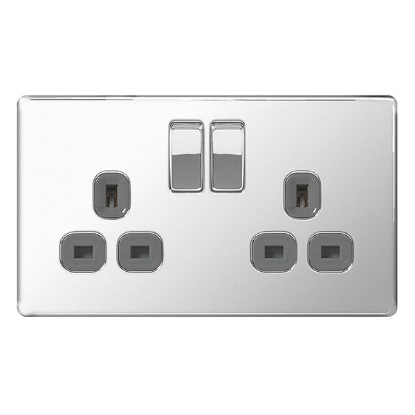 BG FPC22G Screwless Flat Plate Polished Chrome 13A 2G Double Pole Switched Socket Grey Inserts - BG - sparks-warehouse