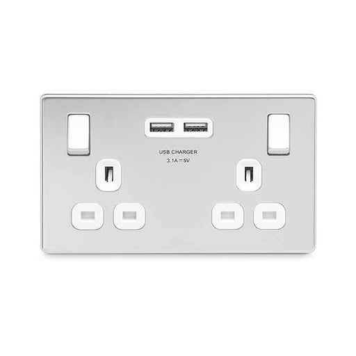 BG FPC22U3W Screwless Flat Plate Polished Chrome 13A 2G Switched Socket + USB - White - BG - sparks-warehouse