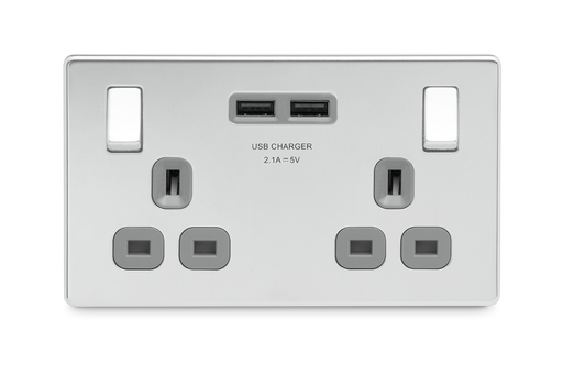 BG FPC22U3G Screwless Flat Plate Polished Chrome 13A 2G Switched Socket - USB Grey Inserts - BG - sparks-warehouse