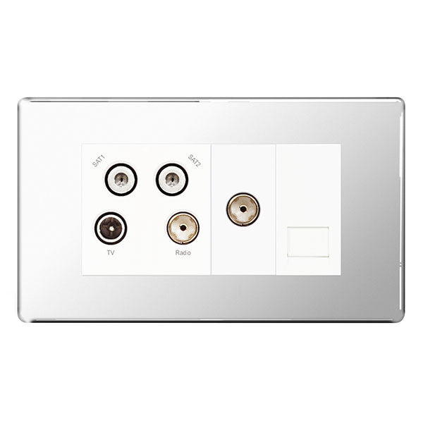 BG FPC69 Screwless Flat Plate Polished Chrome Quadplex TV/FM/SAT & 1 Gang Phone - Screened - BG - sparks-warehouse