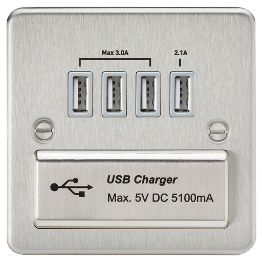 Knightsbridge FPQUADBCG Flat Plate 1G QUAD USB Charger Outlet 5V DC 5.1A - Brushed Chrome With Grey Insert Socket - With USB Knightsbridge - Sparks Warehouse