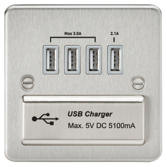 Knightsbridge FPQUADBCG Flat Plate 1G QUAD USB Charger Outlet 5V DC 5.1A - Brushed Chrome With Grey Insert Socket - With USB Knightsbridge - Sparks Warehouse