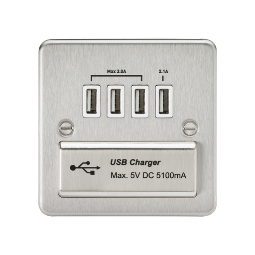 Knightsbridge FPQUADBCW Flat Plate 1G QUAD USB Charger Outlet 5V DC 5.1A - Brushed Chrome With White Insert Socket - With USB Knightsbridge - Sparks Warehouse