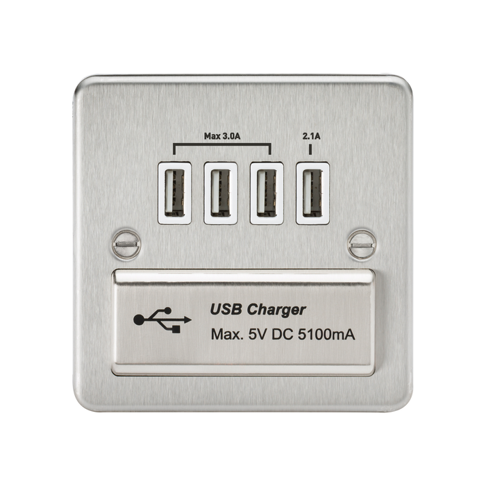 Knightsbridge FPQUADBCW Flat Plate 1G QUAD USB Charger Outlet 5V DC 5.1A - Brushed Chrome With White Insert Socket - With USB Knightsbridge - Sparks Warehouse
