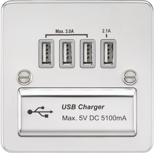 Knightsbridge FPQUADPCG Flat Plate 1G QUAD USB Charger Outlet 5V DC 5.1A - Polished Chrome With Grey Insert Socket - With USB Knightsbridge - Sparks Warehouse