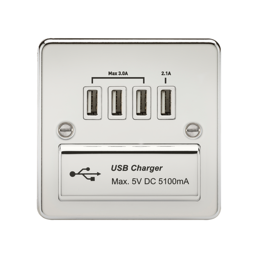 Knightsbridge FPQUADPCW Flat Plate 1G QUAD USB Charger Outlet 5V DC 5.1A - Polished Chrome With White Insert Socket - With USB Knightsbridge - Sparks Warehouse