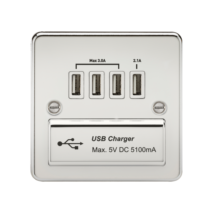 Knightsbridge FPQUADPCW Flat Plate 1G QUAD USB Charger Outlet 5V DC 5.1A - Polished Chrome With White Insert Socket - With USB Knightsbridge - Sparks Warehouse