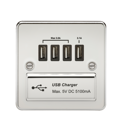 Knightsbridge FPQUADPC Flat Plate 1G QUAD USB Charger Outlet 5V DC 5.1A - Polished Chrome With Black Insert Socket - With USB Knightsbridge - Sparks Warehouse