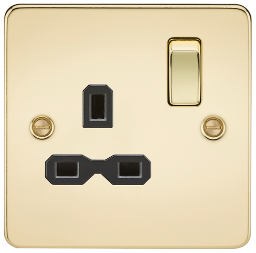 Knightsbridge FPR7000PB Flat Plate 13A 1G DP Switched Socket - Polished Brass With Black Insert Double Pole Socket Knightsbridge - Sparks Warehouse