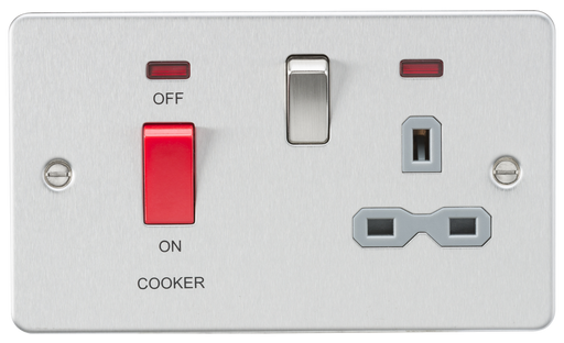 Knightsbridge FPR8333NBCG Flat Plate 45A DP Switch & 13A Switched Socket With Neon - Brushed Chrome With Grey Insert Double Pole Switch Knightsbridge - Sparks Warehouse