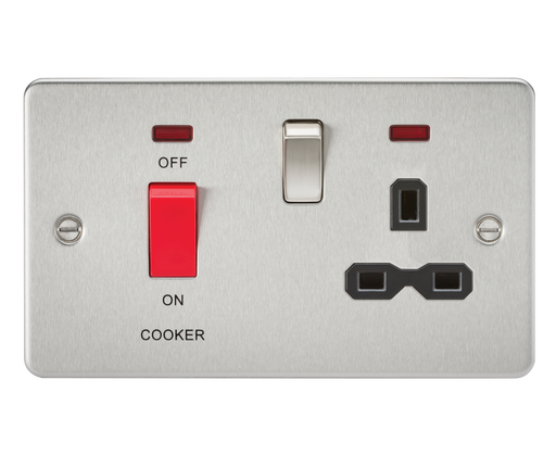 Knightsbridge FPR8333NBC Flat Plate 45A DP Switch & 13A Switched Socket With Neons - Brushed Chrome With Black Insert Double Pole Switch Knightsbridge - Sparks Warehouse