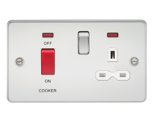 Knightsbridge FPR8333NPCW Flat Plate 45A DP Switch & 13A Switched Socket With Neons - Polished Chrome With White Insert Sockets Knightsbridge - Sparks Warehouse