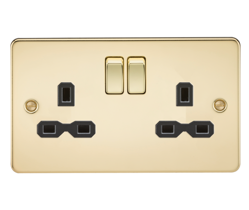 Knightsbridge FPR9000PB Flat plate 13A 2G DP switched socket - Polished Brass with black insert Socket Knightsbridge - Sparks Warehouse
