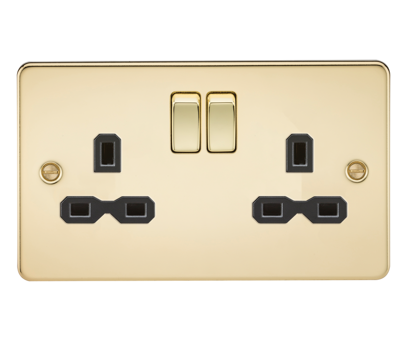 Knightsbridge FPR9000PB Flat plate 13A 2G DP switched socket - Polished Brass with black insert Socket Knightsbridge - Sparks Warehouse
