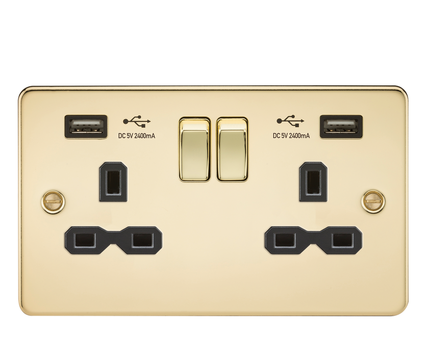 Knightsbridge FPR9224PB Flat plate 13A 2G switched socket with dual USB charger (2.4A) - polished brass with black insert ML Knightsbridge - Sparks Warehouse