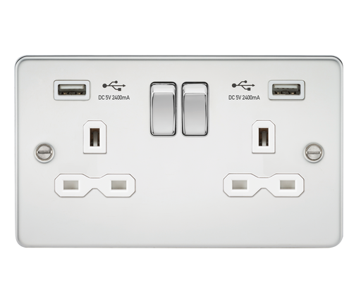 Knightsbridge FPR9224PCW Flat plate 13A 2G switched socket with dual USB charger (2.4A) - polished chrome with white insert ML Knightsbridge - Sparks Warehouse