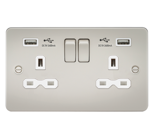 Knightsbridge FPR9224PLW Flat plate 13A 2G switched socket with dual USB charger (2.4A) - pearl with white insert ML Knightsbridge - Sparks Warehouse