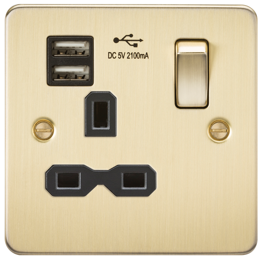 Knightsbridge FPR9124BB Flat Plate 13A 1G Switched Socket With Dual USB Charger - Brushed Brass With Black Insert Socket - With USB Knightsbridge - Sparks Warehouse