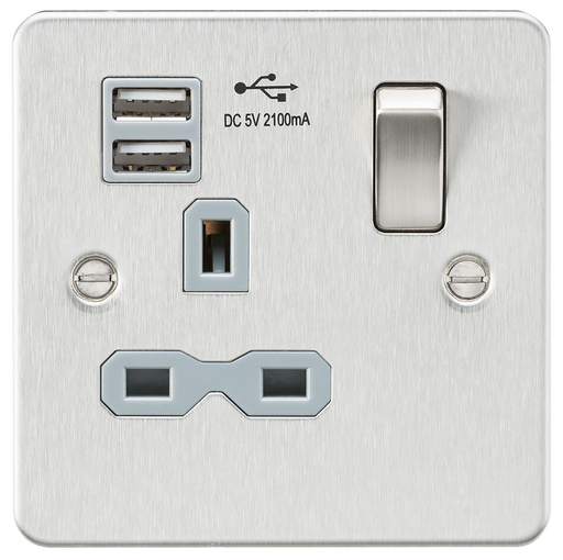 Knightsbridge FPR9901BCG Flat plate 13A 1G switched socket with dual USB charger (2.1A) - brushed chrome with grey insert ML Knightsbridge - Sparks Warehouse