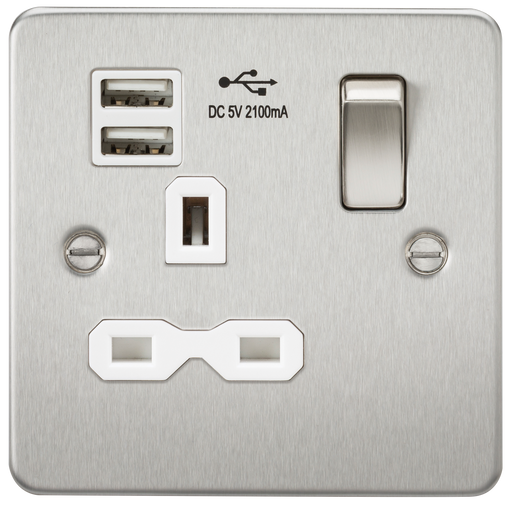 Knightsbridge FPR9901BCW Flat Plate 13A 1G Switched Socket With Dual USB Charger - Brushed Chrome With White Insert Socket - With USB Knightsbridge - Sparks Warehouse