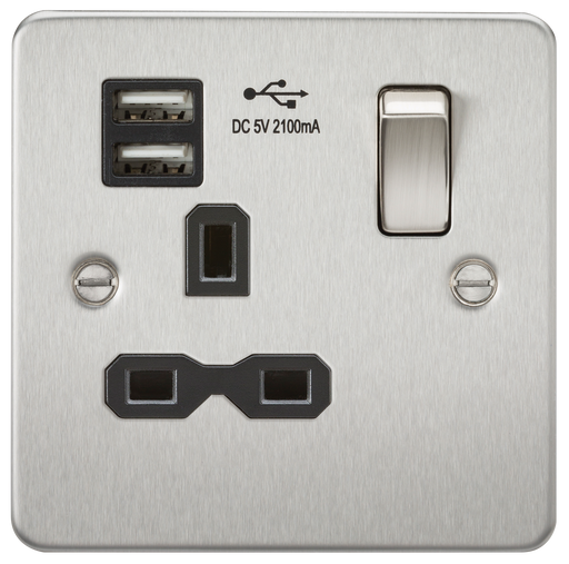 Knightsbridge FPR9901BC Flat Plate 13A 1G Switched Socket With Dual USB Charger - Brushed Chrome With Black Insert Socket - With USB Knightsbridge - Sparks Warehouse