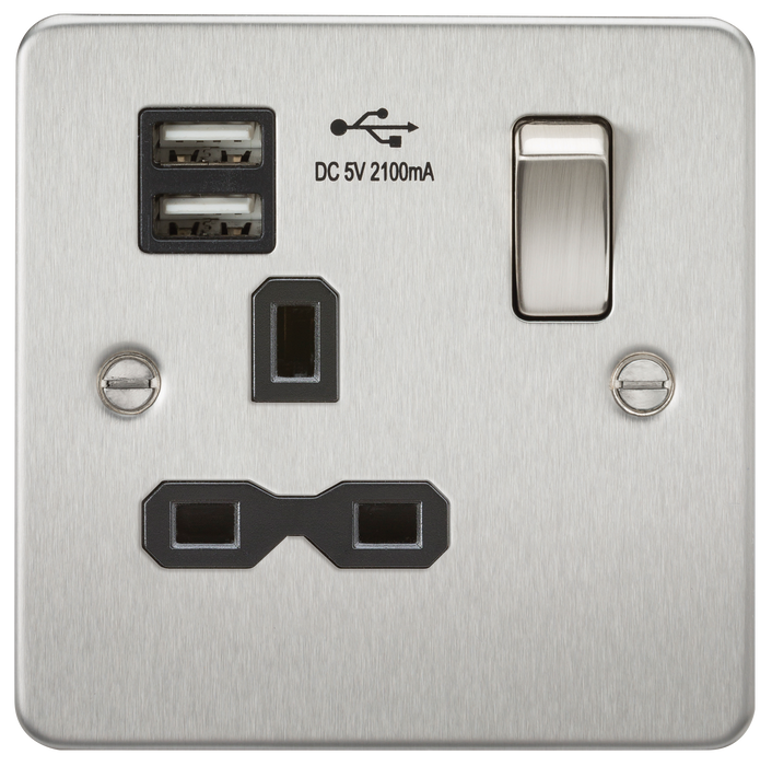 Knightsbridge FPR9901BC Flat Plate 13A 1G Switched Socket With Dual USB Charger - Brushed Chrome With Black Insert Socket - With USB Knightsbridge - Sparks Warehouse