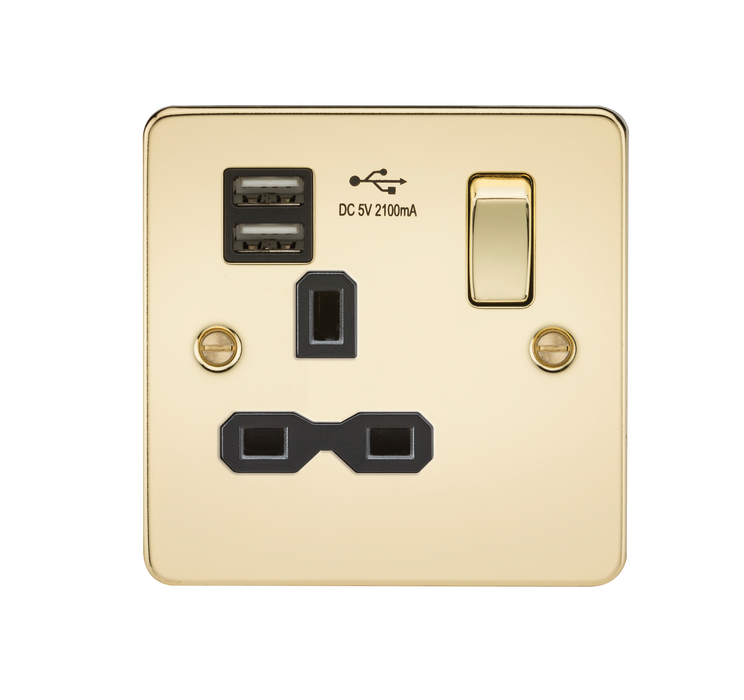 Knightsbridge FPR9124PB Flat Plate 13A 1G Switched Socket With Dual USB Charger - Polished Brass With Black Insert Socket - With USB Knightsbridge - Sparks Warehouse
