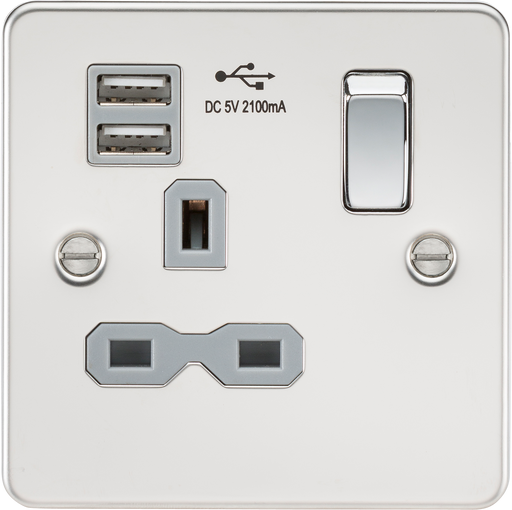 Knightsbridge FPR9901PCG Flat Plate 13A 1G Switched Socket With Dual USB Charger - Polished Chrome With Grey Insert Socket - With USB Knightsbridge - Sparks Warehouse