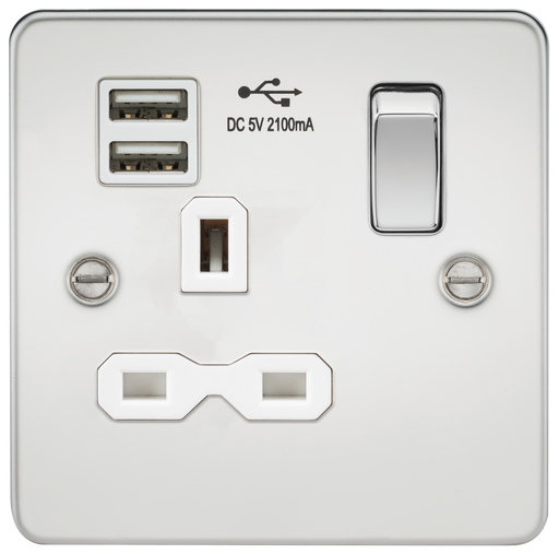 Knightsbridge FPR9124PCW Flat plate 13A 1G switched socket with dual USB charger (2.4A) - polished chrome with white insert Socket - With USB Knightsbridge - Sparks Warehouse