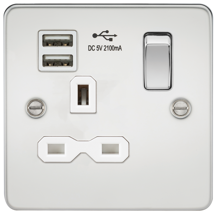 Knightsbridge FPR9124PCW Flat plate 13A 1G switched socket with dual USB charger (2.4A) - polished chrome with white insert Socket - With USB Knightsbridge - Sparks Warehouse